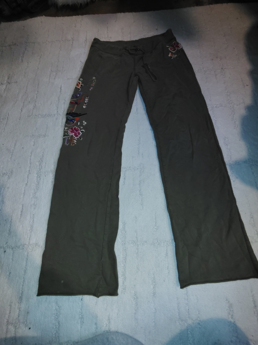 Ed Hardy Olive Green Flare Jeans with Floral Embroidery